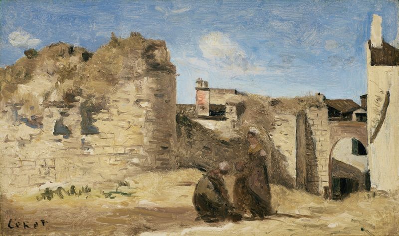 Pintura a óleo de Jean-Baptiste-Camille Corot mostrando um pátio tranquilo com luz filtrando através das árvores.