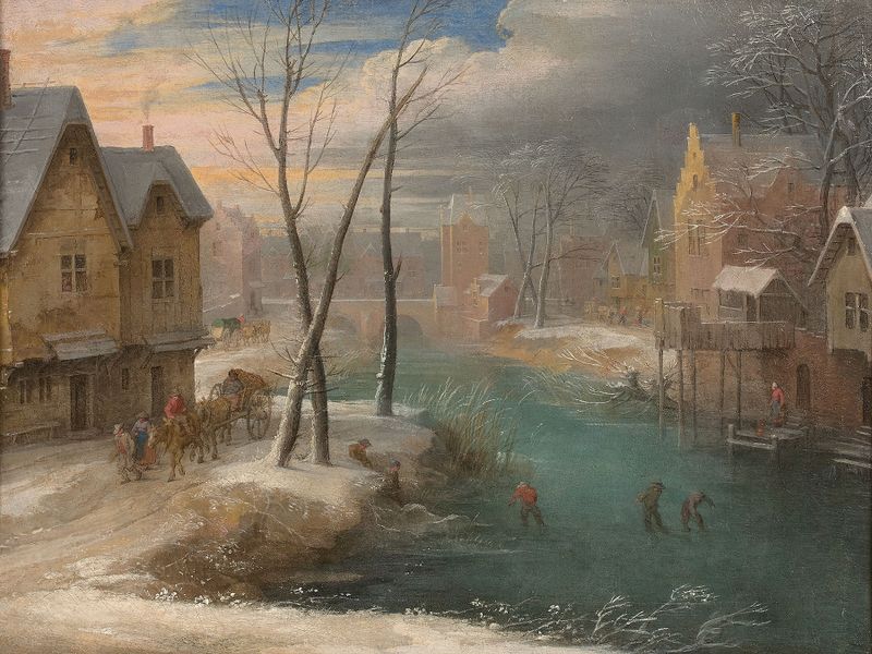Winter genre scene with children playing in snow, oil painting by Jacques Fouquier