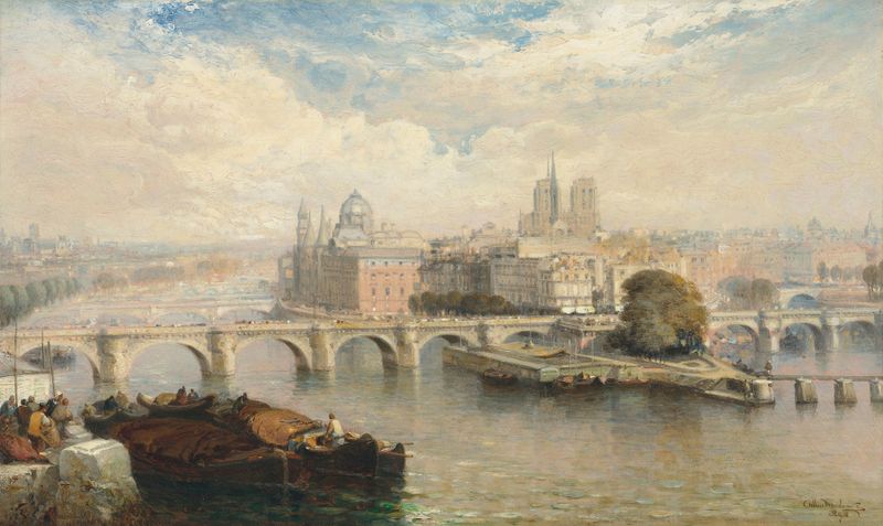 A view of the Pont Neuf and Notre-Dame, oil painting by Arthur Joseph Meadows