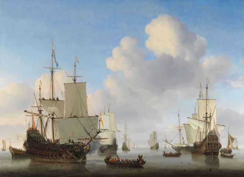 Barcos Holandeses em um Mar Calmo de Willem van de Velde, pintura a óleo que mostra barcos em águas calmas.
