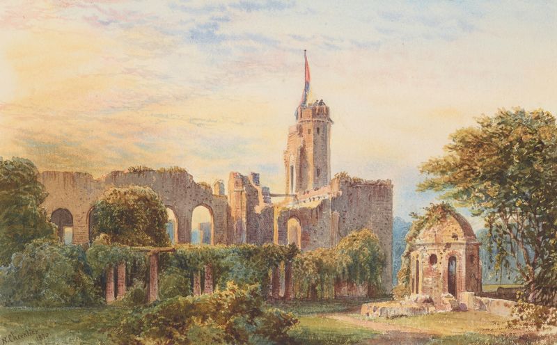 La Residencia en Lucknow, óleo sobre lienzo de Nicholas Chevalier, presenta exuberante vegetación y arquitectura ornamental.