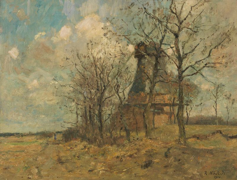 Landscape with a mill and trees, oil on canvas by Rudolf Höckner