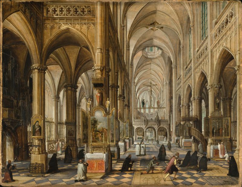 Interior de uma catedral gótica, óleo sobre tela de Paul Vredeman de Vries