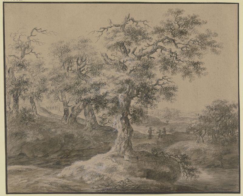 Eichenwald, am Weg eine rastende Familie de Johann Heinrich Wüest, óleo sobre tela mostrando uma família descansando em um...