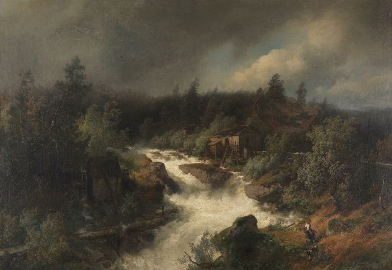 Wassermühle am tosenden Gebirgsbach, oil painting by Hermann Ottomar Herzog
