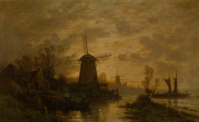Windmills in Schiedam by Auguste Anastasi, oil painting depicting a windmill and river.