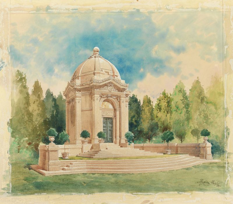 Rendering For Bliss Family Mausoleum de Hughson Hawley, arquitetura gótica com trabalho em pedra intrincado.