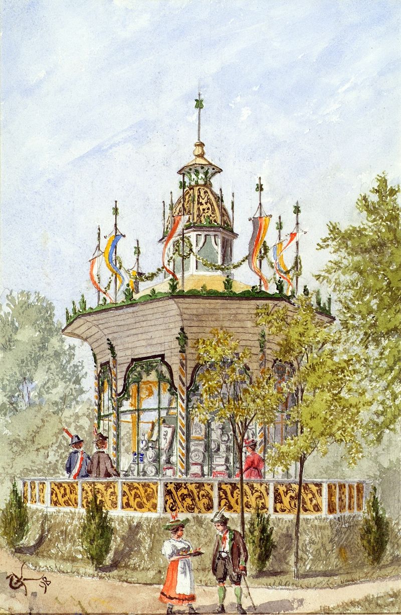 Der Gabentempel des Wiener Schützenfestes von 1898, oil on canvas by Gustav Korompay, featuring an ornate temple.