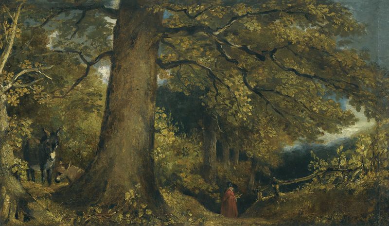 Uma jovem garota em uma paisagem florestal, óleo sobre tela de John Constable
