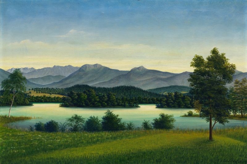 Osterseen by Georg Schrimpf, oil on canvas depicting a tranquil landscape with water and reflections.