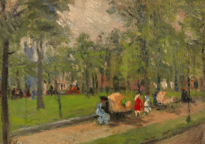 Rittenhouse Square de Frederick R. Wagner, óleo sobre tela que retrata água e postes de luz