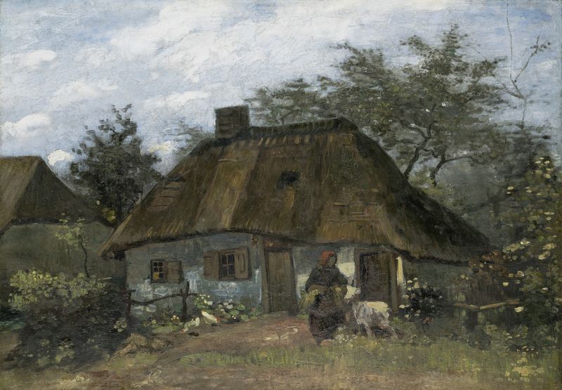 Farmhouse in Nuenen de Vincent van Gogh, óleo sobre tela que retrata uma casa de campo rústica em uma paisagem rural