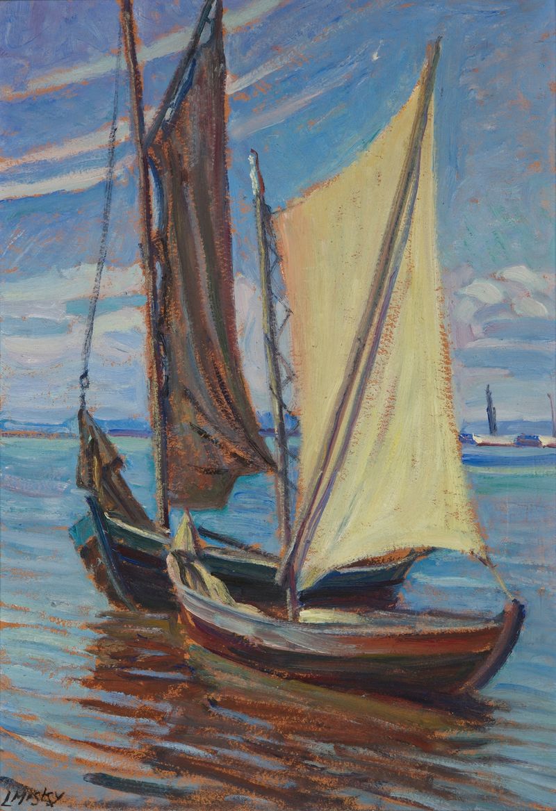 Sailing Boat by Ludwik Misky, oil on canvas, depicts a boat amidst turbulent waves.