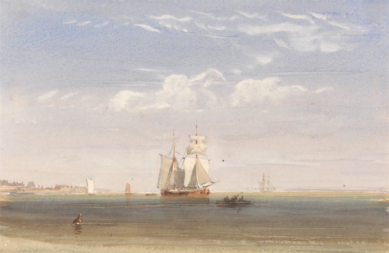 Marine scene with a merchant ship at sea by David Cox Jnr, oil painting