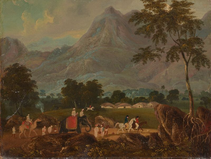 Landscape with an elephant and a camel on a road, oil painting by Sir Charles D'Oyly