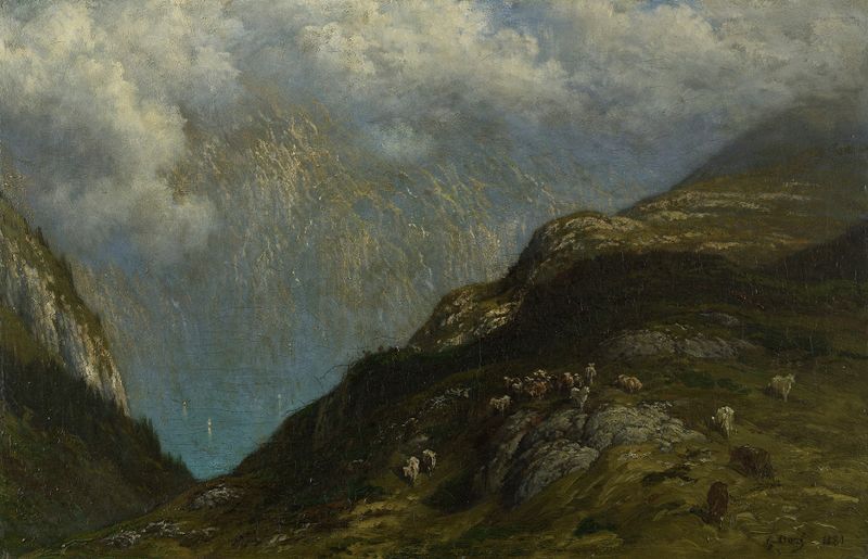 Paysage de montagne by Gustave Doré, depicting rugged terrain and mountains, oil painting