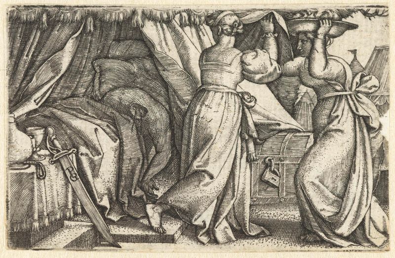 Grabado de Georg Pencz que representa a Judith y su sirvienta con la cabeza de Holofernes.