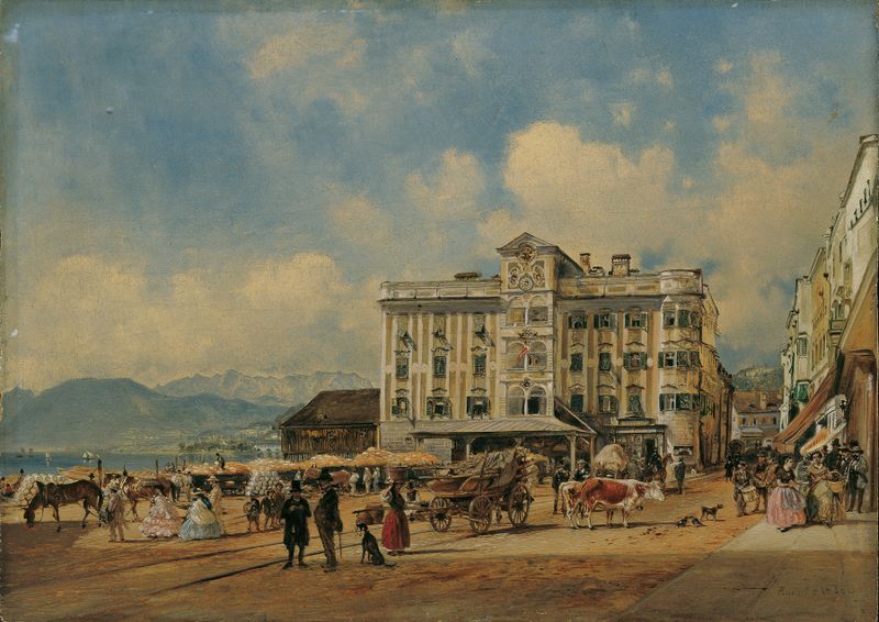 Das Rathaus in Gmunden by Rudolf von Alt, oil painting of a town hall under a blue sky.