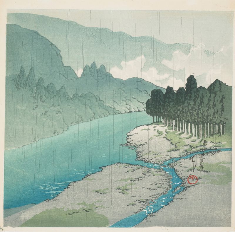Grabado en madera de Kawase Hasui que muestra un paisaje tranquilo con lluvia y árboles.