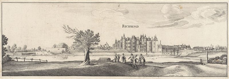 Gezicht op Richmond Palace in Surrey, gravura de Wenceslaus Hollar, representando um palácio e jardins sob a luz do sol.