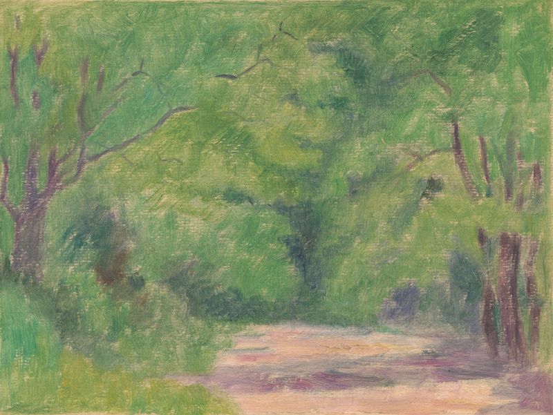 Forest I de Dezider Czölder, Post-Impresionismo, que muestra un bosque exuberante con luz filtrándose entre los árboles.