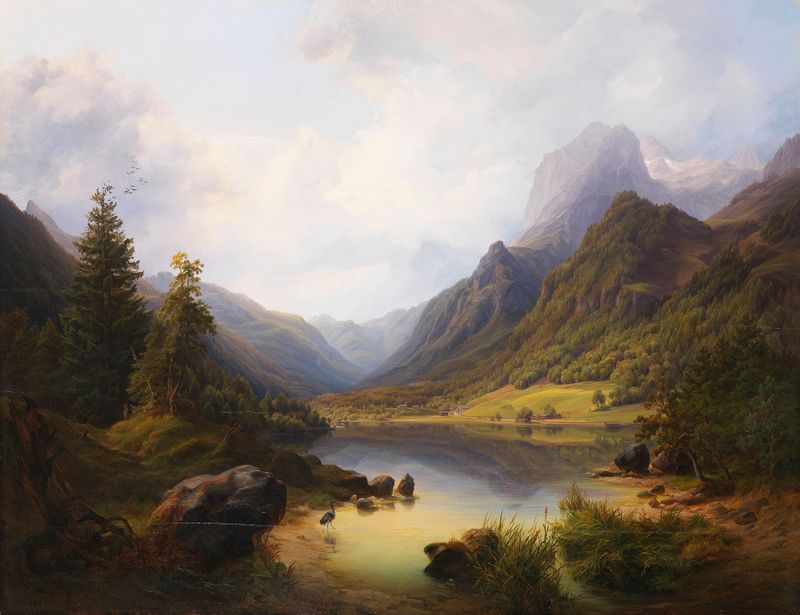 Romanticism landscape by Anton Schiffer, featuring a tranquil lake and mountains, oil painting