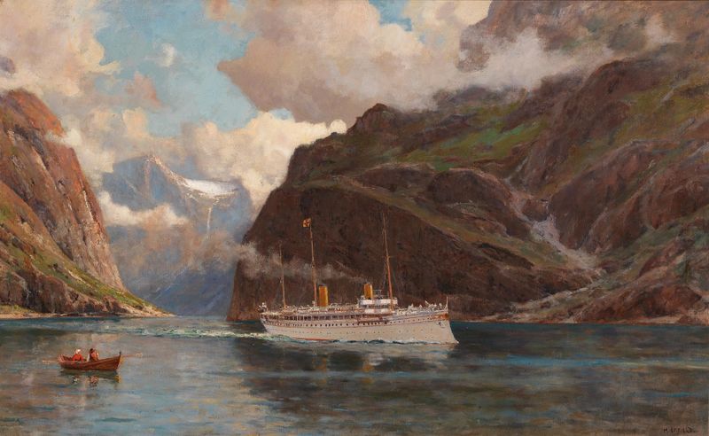 Fjord Landscape with Passenger Ship de Henry Enfield, pintura a óleo que retrata um navio navegando em águas serenas.