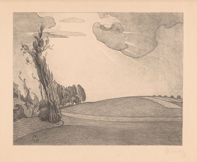 Paisaje con colinas onduladas y luz dorada de Simon Moulijn, pintura al óleo