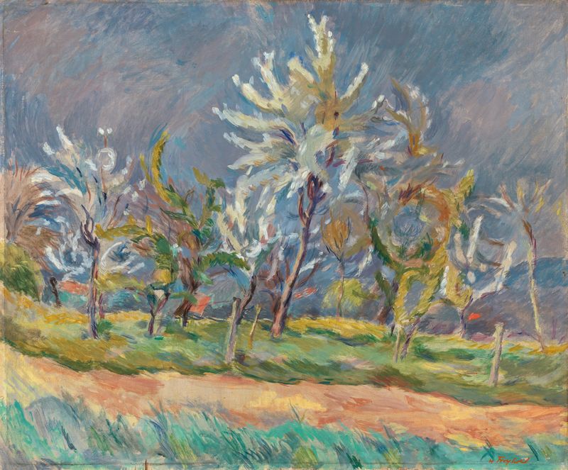 Paisaje primaveral con colinas y flores, pintura al óleo de Edmund Conrad Ferdinand von Freyhold