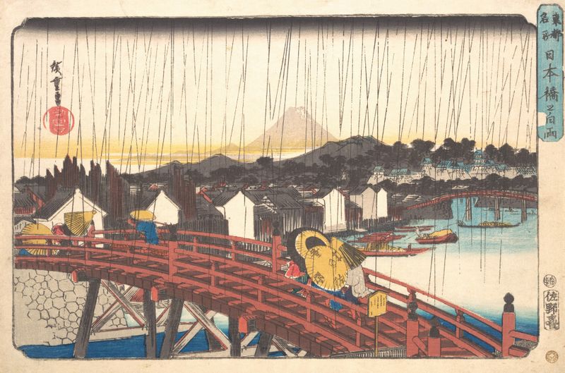 Ukiyo-e de Utagawa Hiroshige que representa un paisaje con lluvia y luz solar.