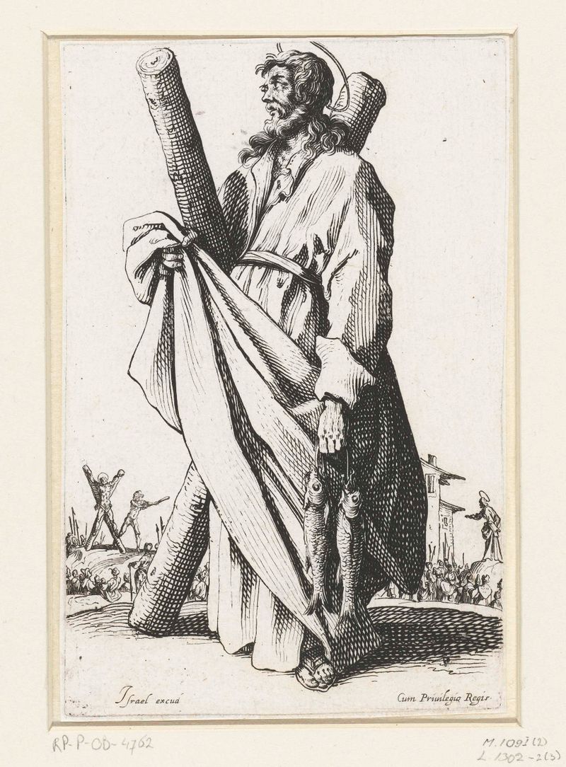 Apostel Andreas de Jacques Callot, grabado que representa al apóstol Andrés con drapeado fluido.