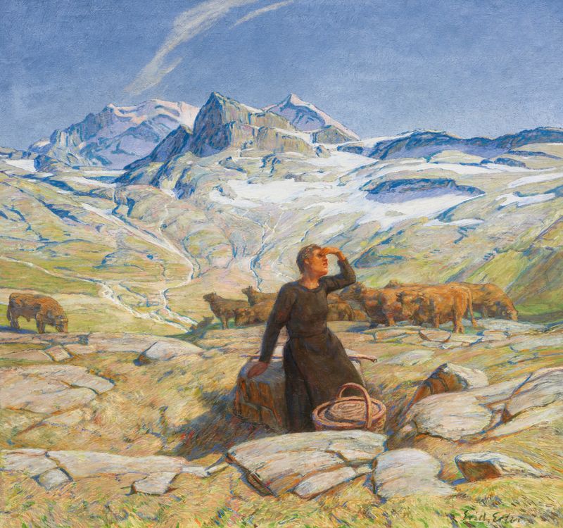 Landschaft mit junger Bäuerin, oil painting by Erich Erler, featuring a young farmer's daughter in a landscape.