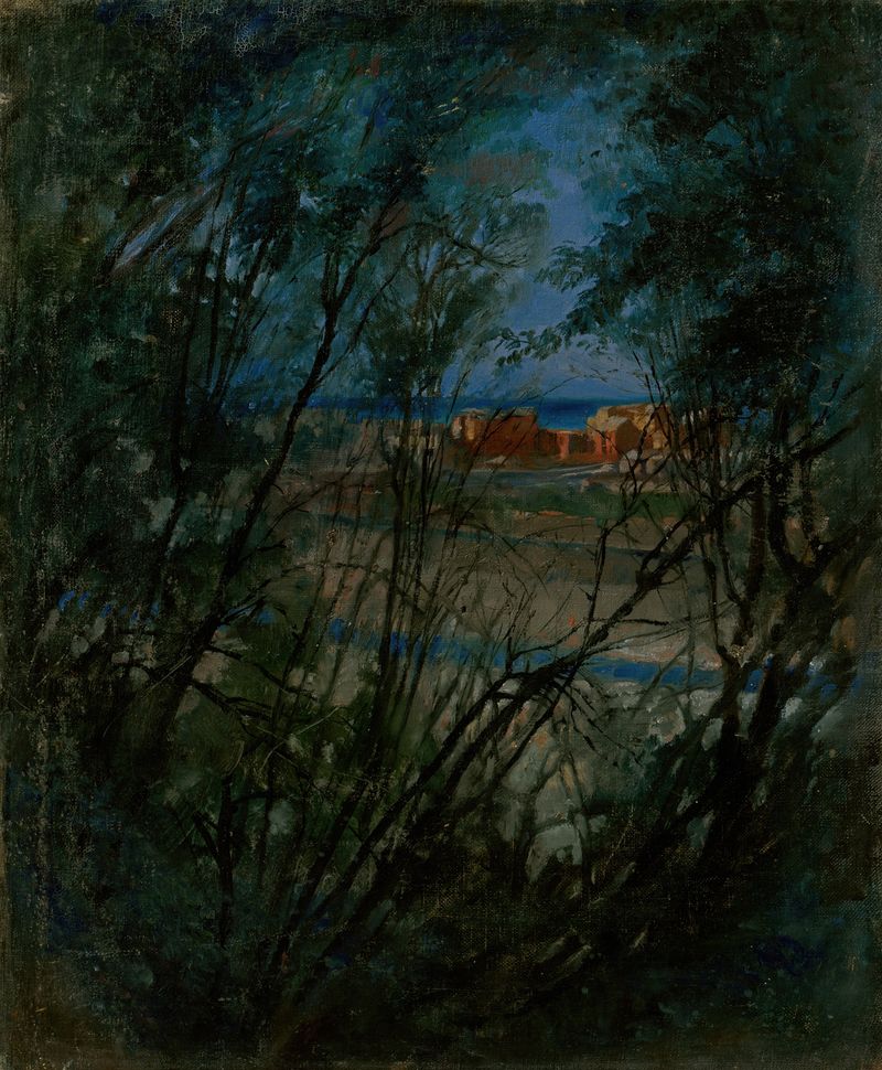 Blue Landscape de Ladislav Mednyánszky, óleo que muestra azules profundos y verdes apagados en un paisaje sereno.