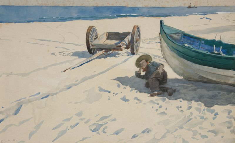Cena de praia com homem descansando sob a sombra de um barco, pintura a óleo de Edwin Austin Abbey.