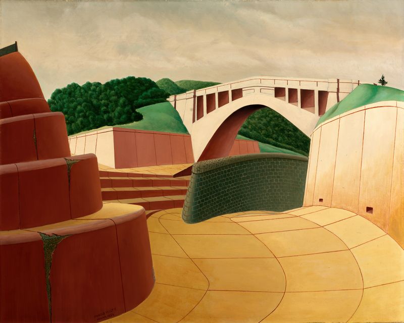 Spillway, Ashokan Dam de Arnold Wiltz, óleo sobre lienzo que muestra agua fluyendo sobre una presa