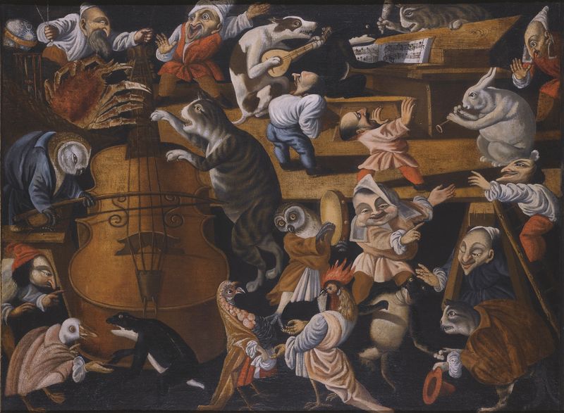 Óleo sobre tela do Mestre da Fertilidade do Ovo retratando animais e aves em movimento vibrante.
