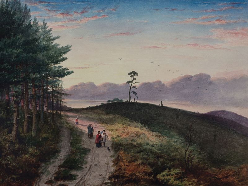 Road Over Cofton Hill, óleo sobre lienzo de Elijah Walton, con un camino sinuoso entre colinas.