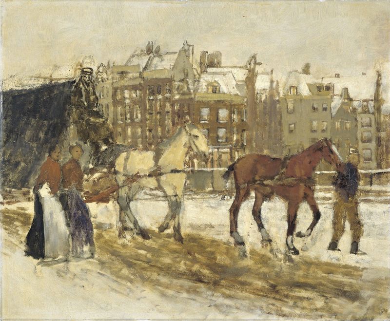The Rokin, Amsterdam by George Hendrik Breitner, oil painting of a solitary figure by the canal.