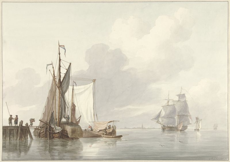 Marine scene with anchored boats and sunset by Martinus Schouman, oil painting