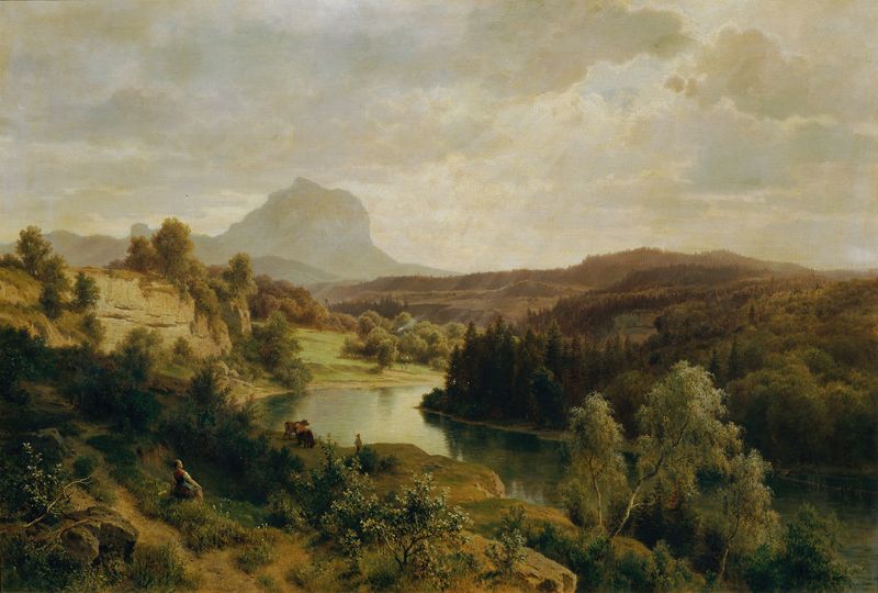 Paisaje con la montaña Traunstein, óleo de Ludwig Halauska