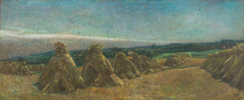 Landscape with Sheaves de Alfred Delaunois, pintura a óleo que mostra campos de trigo sob um céu nublado.