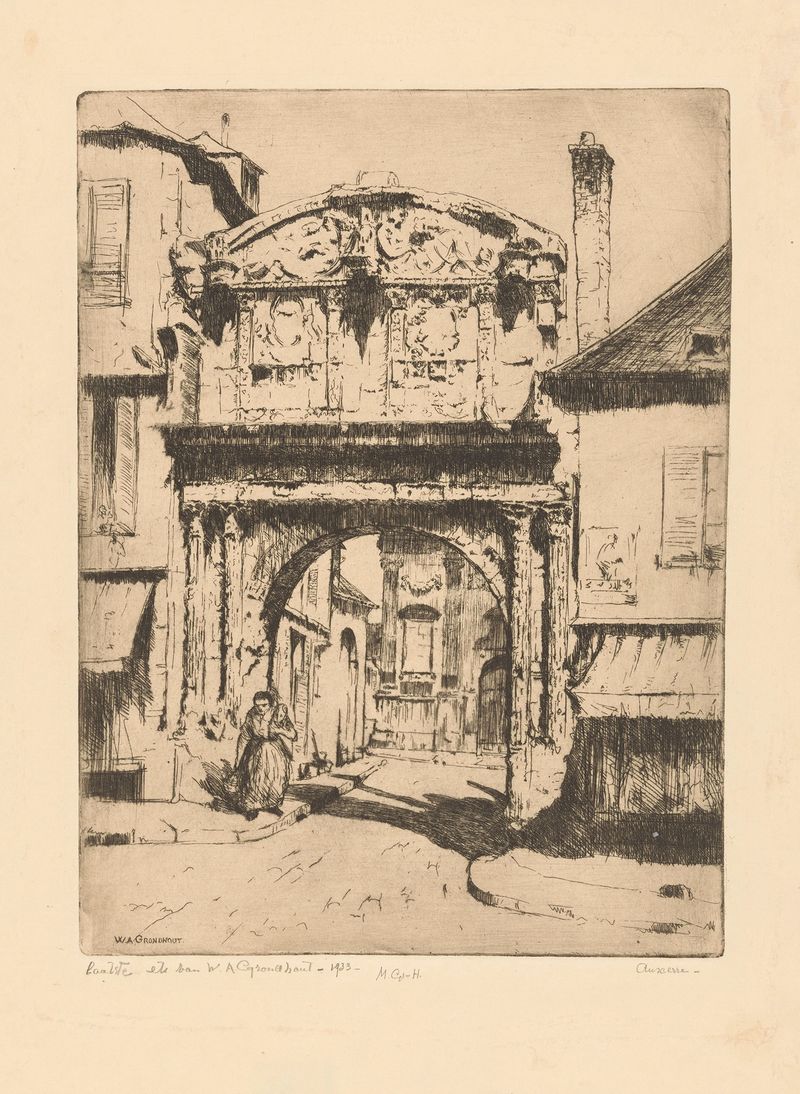 Auxerre de Willem Adrianus Grondhout, pintura a óleo que retrata arquitetura e solidão em tons de azul frio.