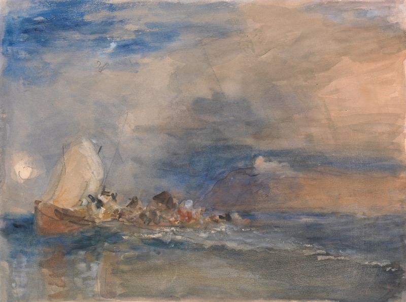 Folkestone de Hercules Brabazon Brabazon, óleo sobre lienzo que representa el mar y acantilados bajo un cielo azul.