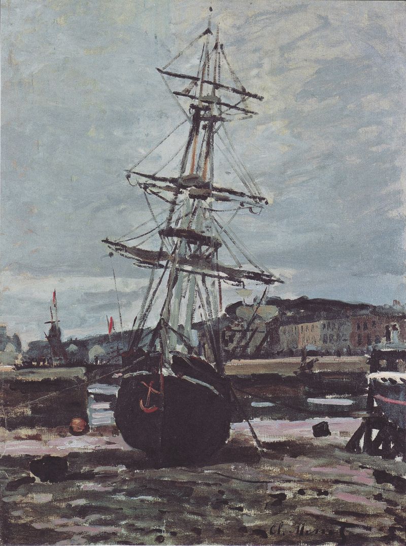 Stranded boat in Fécamp de Claude Monet, pintura a óleo de um barco desgastado em uma praia de seixos