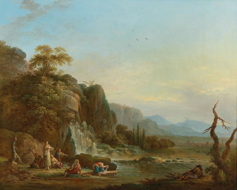 Paisaje de río con figuras, pintura al óleo de Jean Baptiste Claudot