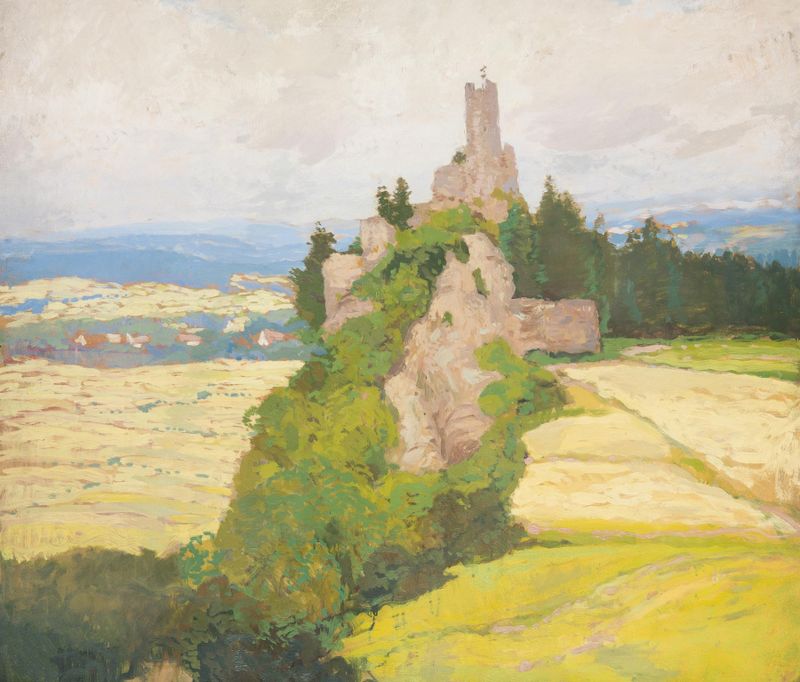 Landscape oil painting by Gustav Macoun depicting ancient ruins and lush greenery