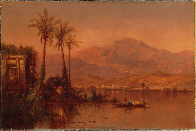 Paisagem sul-americana de Louis Remy Mignot, óleo sobre tela, com vales e montanhas exuberantes.