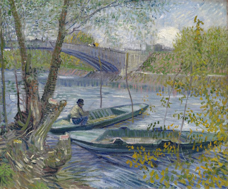 Fishing in Spring, the Pont de Clichy, óleo sobre tela de Vincent van Gogh mostrando pescadores ao lado do rio