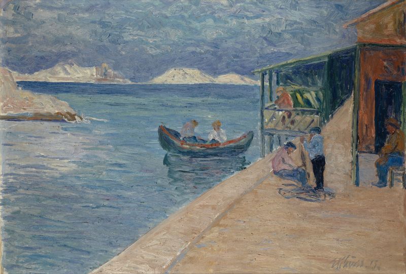 Escena marina que muestra una playa con una posada del pescador, pintura al óleo de Ernst Schiess