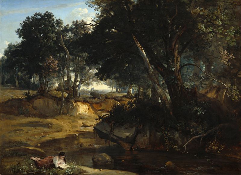 Forest of Fontainebleau de Jean-Baptiste-Camille Corot, óleo que muestra un paisaje exuberante con un arroyo.